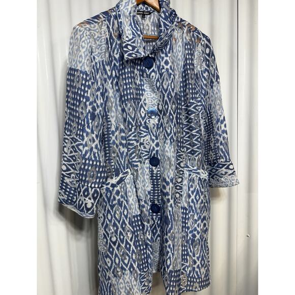 Samuel Dong Ikat Sheer Jacket Blue White Art Print Lightweight Coat SZ L - Picture 1 of 12